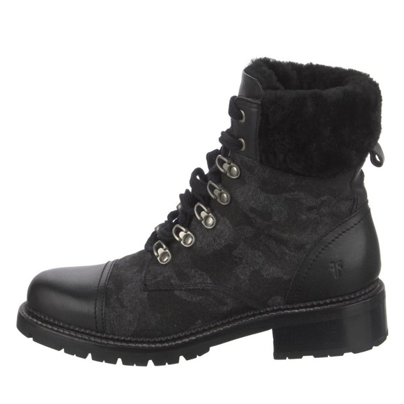 Frye Shoes - Frye Women’s Samantha Black Leather Canvas Shearling Combat Hiking Boots Size 8